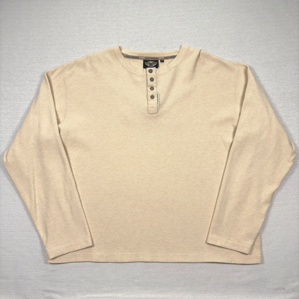 Harley Davidson Long Sleeve Henley Shirt Mens Size 2XL Beige Cotton